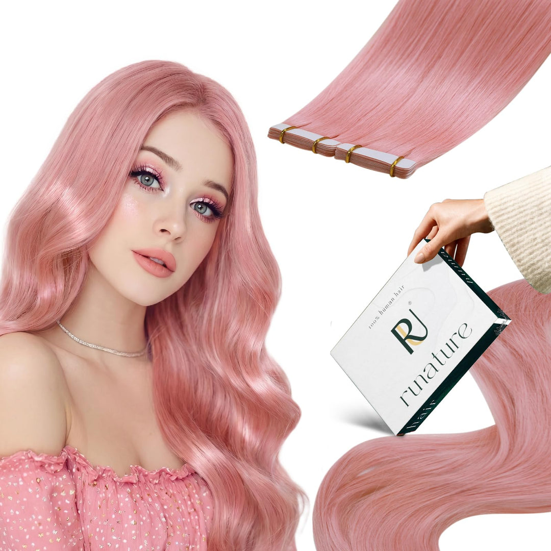 RUNATURE Pink Extensions Tape in Echthaar Bunt 55cm Remy Echthaar Tape in Haarverlangerung Rosa Mens