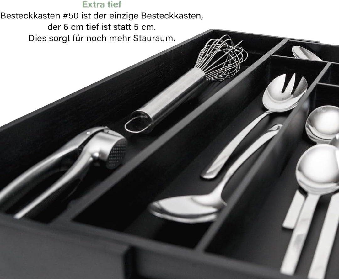 budu Besteckkasten #50 (Tiefe 50cm) aus Bambus - Schwarz - Schubladen Ordnungssystem für die Küche -
