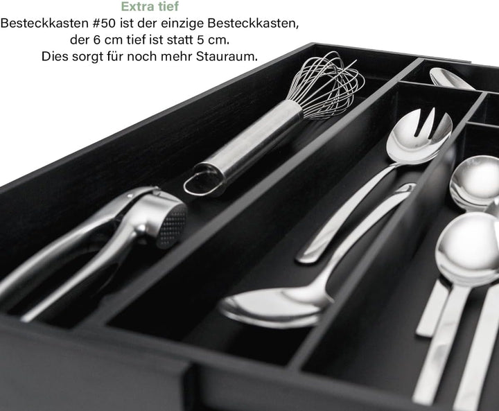 budu Besteckkasten #50 (Tiefe 50cm) aus Bambus - Schwarz - Schubladen Ordnungssystem für die Küche -