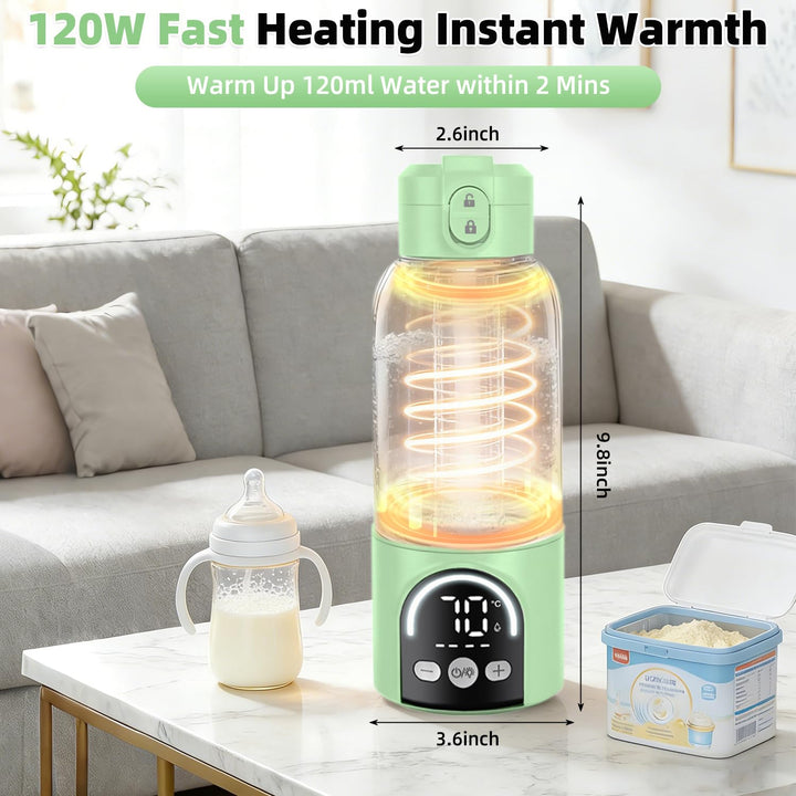 Tragbarer Babyflaschenwärmer Grün für Unterwegs, 500ml Muttermilchwärmer, 12000mAh Akku, 120W Schnel