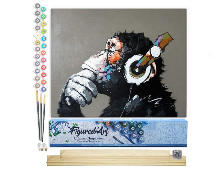 Figured'Art Malen Nach Zahlen Erwachsene Mit Rahmen Affe mit Kopfhörer - Paint by Numbers Basteln DI