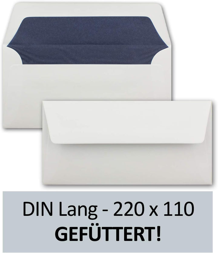 75 Briefumschläge Weiss - DIN Lang - gefüttert mit dunkelblauem Seidenpapier - 22 x 11 cm - Nasskleb
