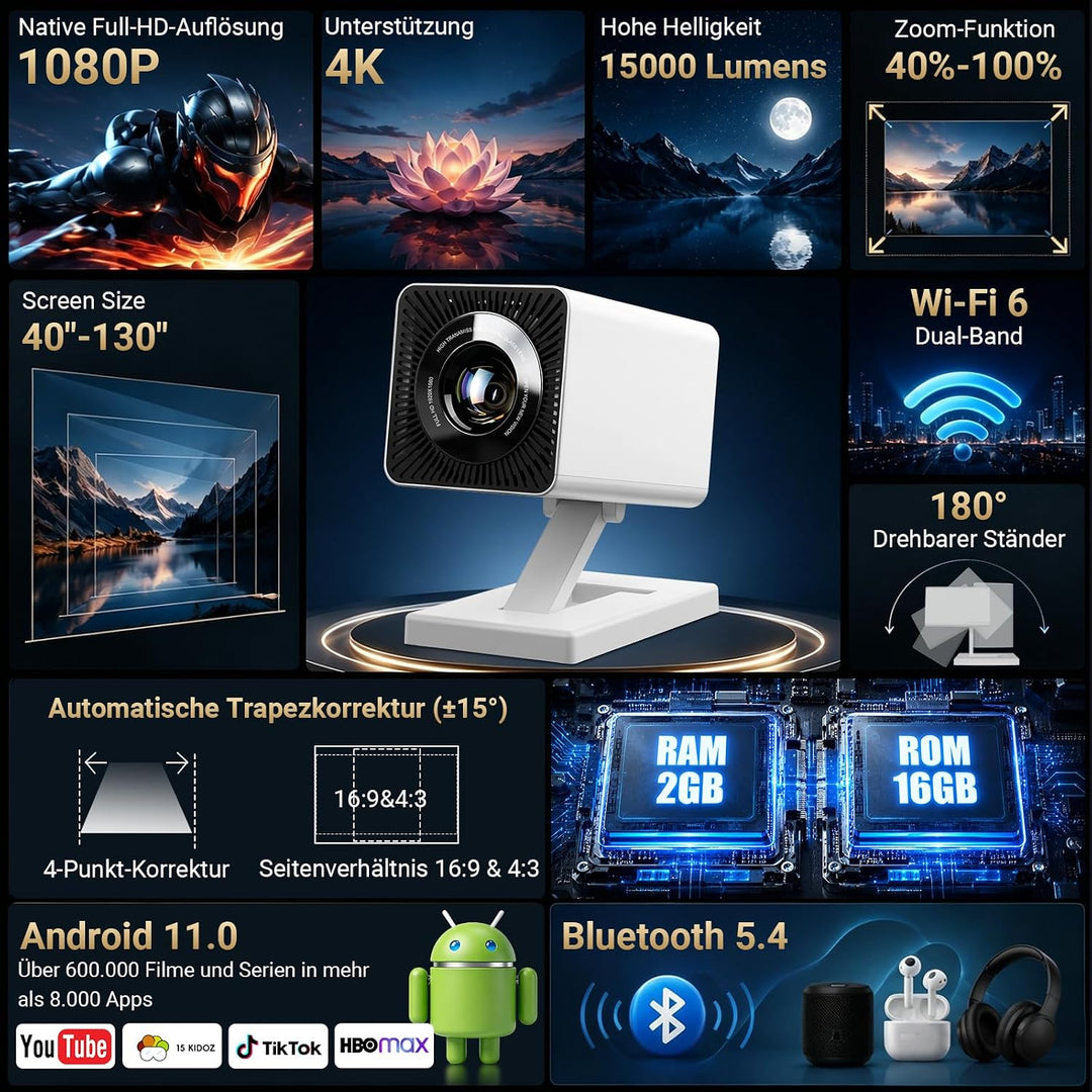 Mini Beamer 4K, Mini Projektor 1080P Unterstützt WiFi 6 BT 5.4, Beamer Klein Projektor mit Eingebaut