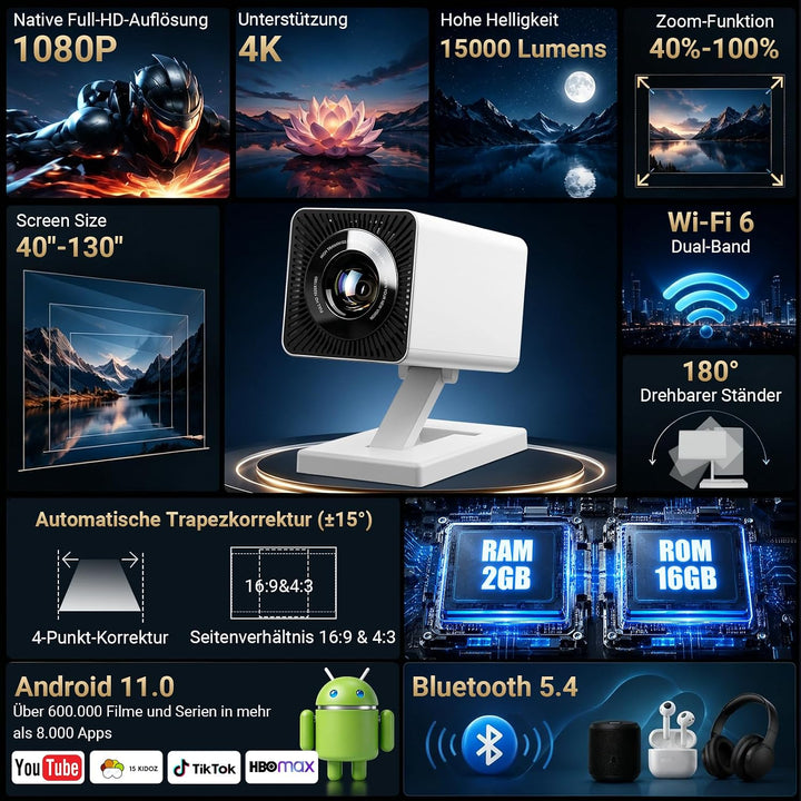 Mini Beamer 4K, Mini Projektor 1080P Unterstützt WiFi 6 BT 5.4, Beamer Klein Projektor mit Eingebaut