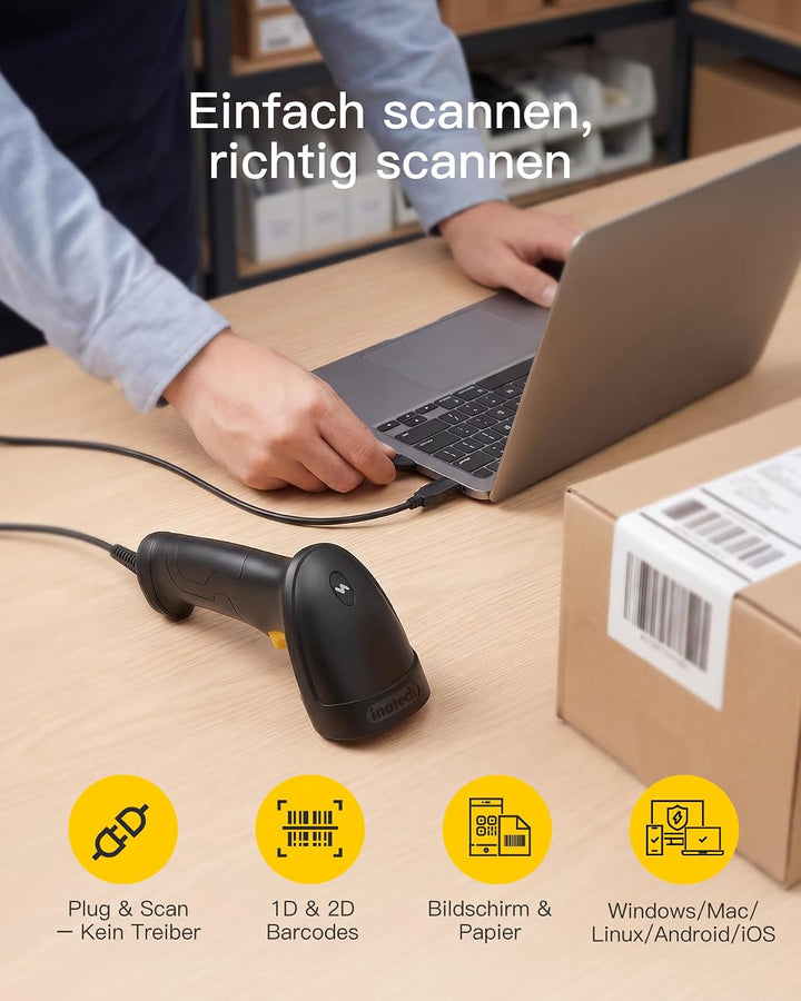 Inateck Barcode Scanner 1D 2D, QR Code Scanner USB fur Einzelhandel, BCST | Plug & Play fur Lager In
