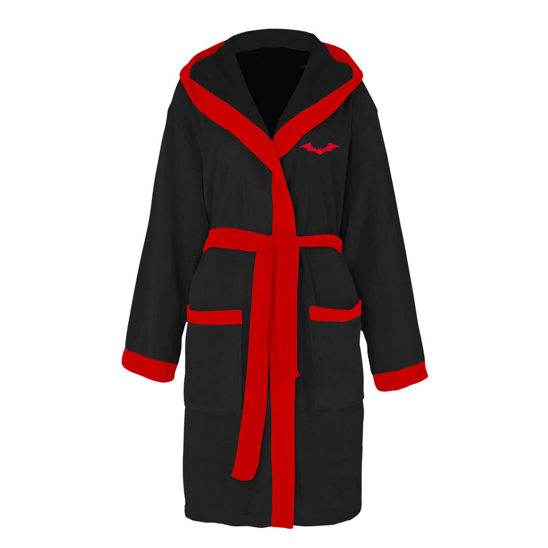 Elbenwald The Batman Bademantel mit Batsignal Motiv mit Kapuze Gürtel unisex schwarz rot