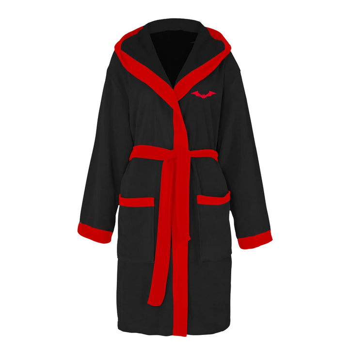Elbenwald The Batman Bademantel mit Batsignal Motiv mit Kapuze Gürtel unisex schwarz rot