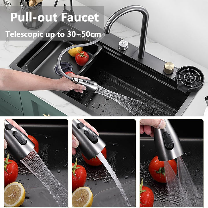 Spülbecken Küchenspüle Waschbecken Küche Edelstahl, Waterfall Spüle Küche Schwarz Mit Cup Washer, Ei