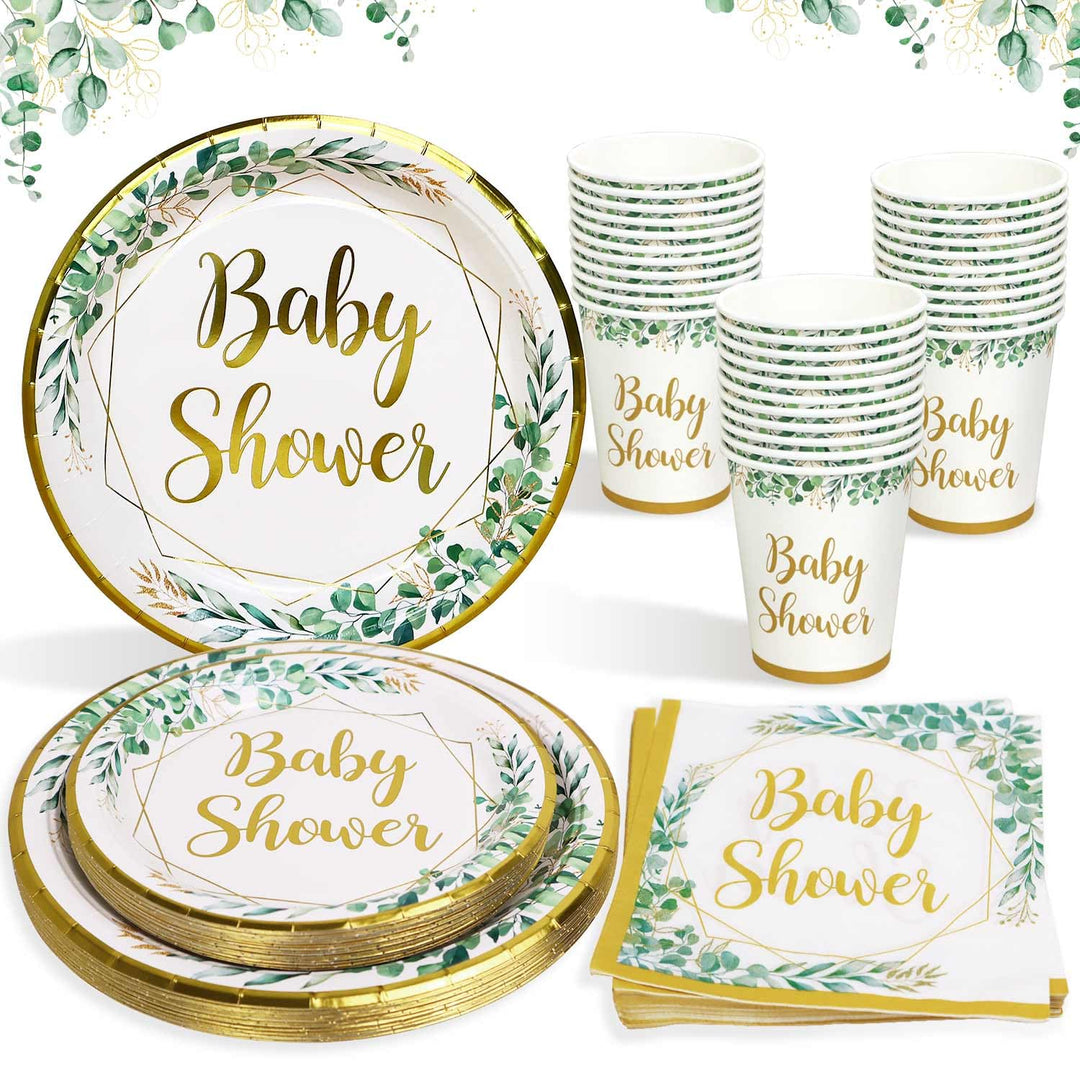 Babyparty Deko Neutral Partygeschirr Set für 25 Personen, 100 Stück Grün Gold wiederverwendbare Kart