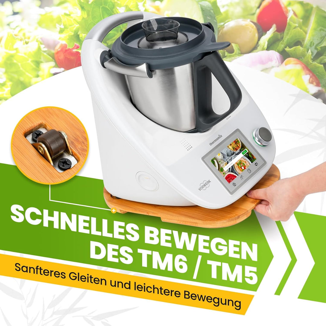 Bambus Gleitbrett für Thermomix TM6 TM5 | Natürliches Bambusmaterial | Mit Rollen für müheloses Vers