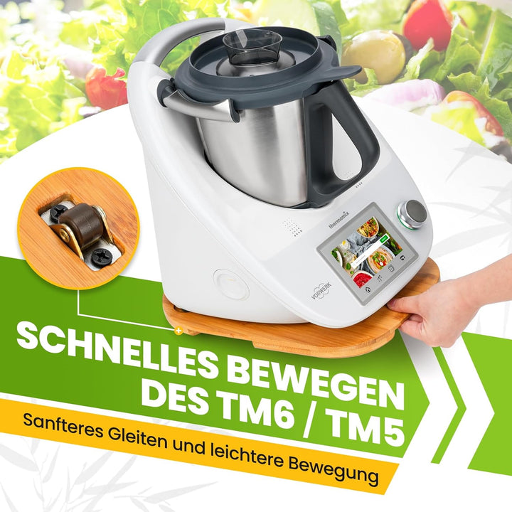 Bambus Gleitbrett für Thermomix TM6 TM5 | Natürliches Bambusmaterial | Mit Rollen für müheloses Vers