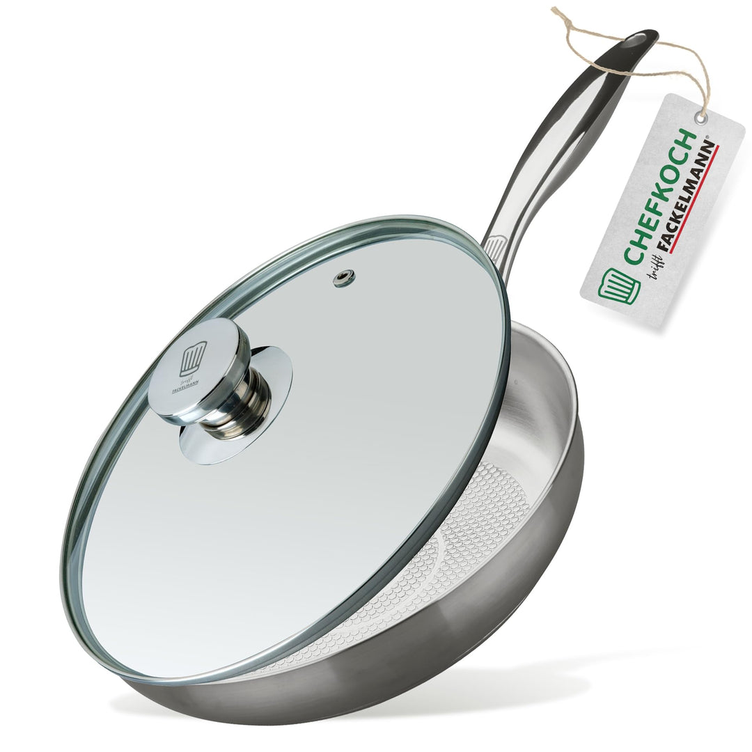 Chefkoch trifft Fackelmann Bratpfanne München Ø 24 cm aus Edelstahl mit Glasdeckel – Wabenboden, PFA