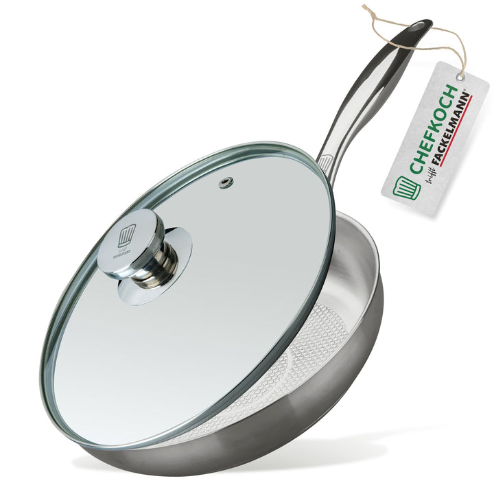 Chefkoch trifft Fackelmann Bratpfanne München Ø 24 cm aus Edelstahl mit Glasdeckel – Wabenboden, PFA