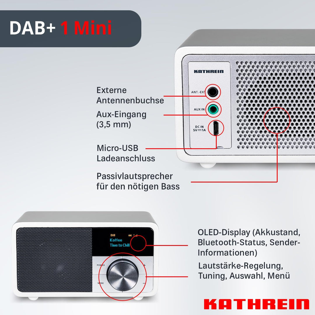 Kathrein DAB Plus Radio Mini I Digitalradio DAB+ u. UKW mit Bluetooth, Aux 3,5mm & Akku I kleines Kü