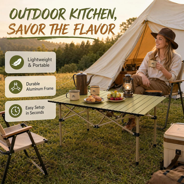 Campingtisch faltbar – Rolltisch mit aufrollbarer Tischplatte, tragbarer Klapptisch aus Stahl inkl.