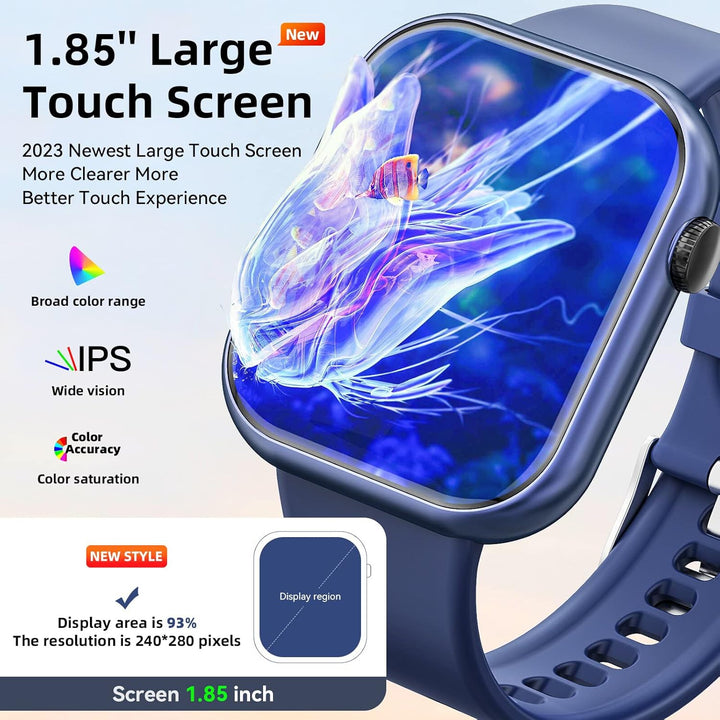 Smartwatch Damen Herren, 1.85" Zoll Touchscreen Smart Watch mit Bluetooth Anrufe, Uhr Damen Herren m