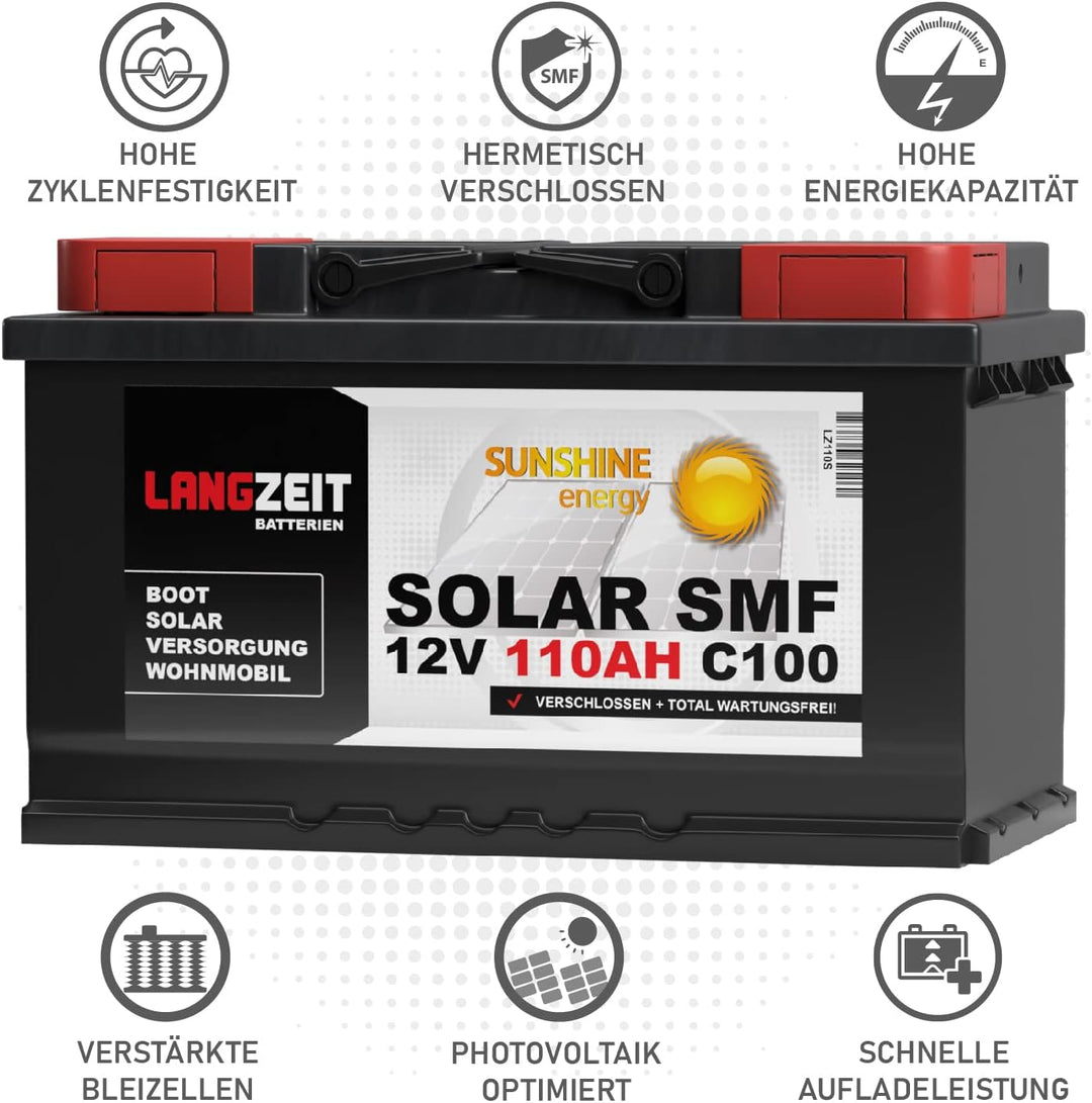 Langzeit Solar SMF Solarbatterie 110Ah 12V Versorgungsbatterie Wohnmobil Batterie Boot total wartung