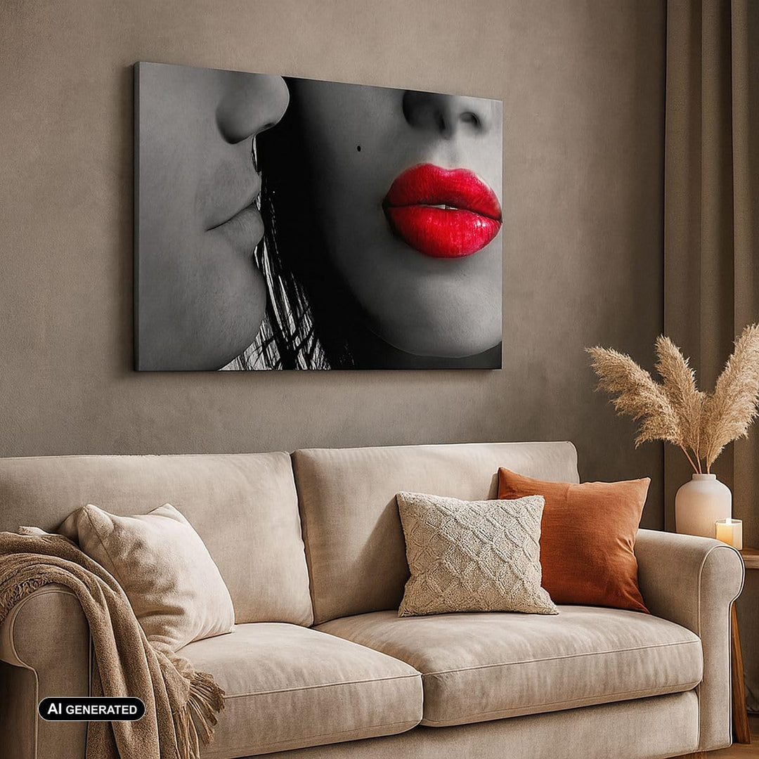 Bilder auf Leinwand 100x70cm Leinwandbild Rote Lippen dunkles Haar Modell Liebe Gross Wanddeko Bild