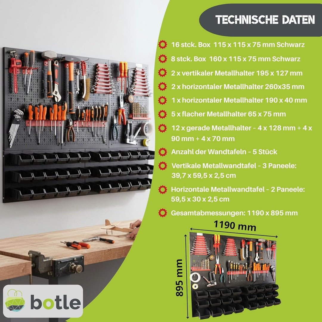 botle® Werkzeugwand Lochwand aus Metall, Stapelboxen + Wandregal + Werkzeughalter 51-tlg Set, Kleint