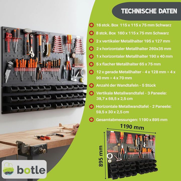 botle® Werkzeugwand Lochwand aus Metall, Stapelboxen + Wandregal + Werkzeughalter 51-tlg Set, Kleint