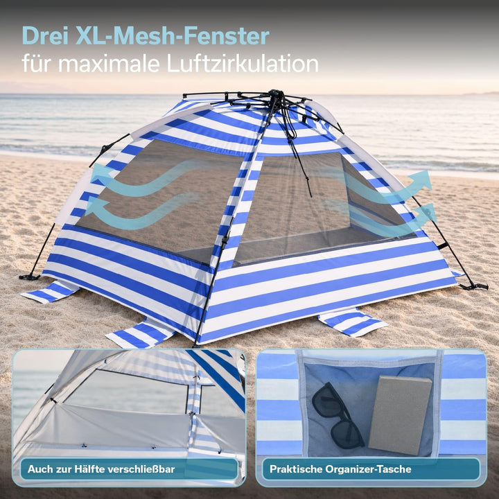 Skandika Strandmuschel Skal Quick-Start | Strandzelt, UV-Schutz 80+, 360° Mesh-Panoramafenster, Wind