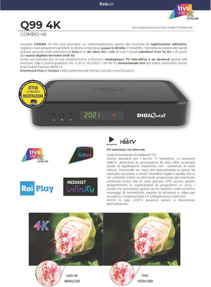 DigiQuest Q99 4K UHD TiVuSat Receiver inkl. Karte + WiFi Stick – Italienischer TV Satelliten-Receive