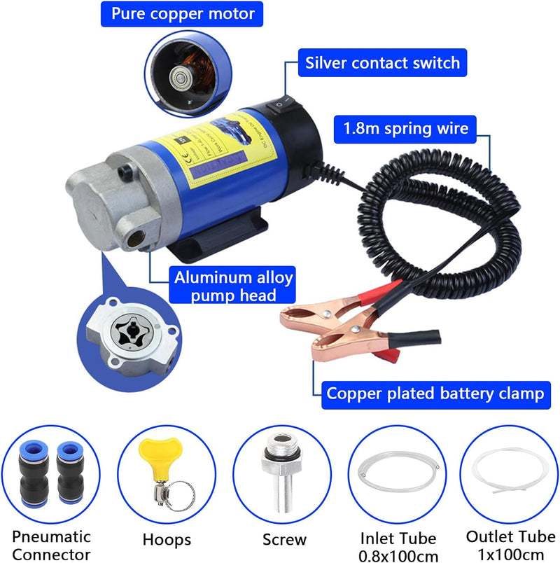 Mocoli Dieselpumpe, 12V 100W Ölabsaugpumpe Elektrisch Diesel Absaugpumpe Ölwechselpumpe mit 3 Rohren