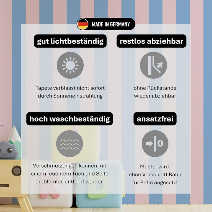 Vliestapete Streifen rosa blau leicht strukturiert & matt Tapete für Wohnzimmer, Kinderzimmer, Schla