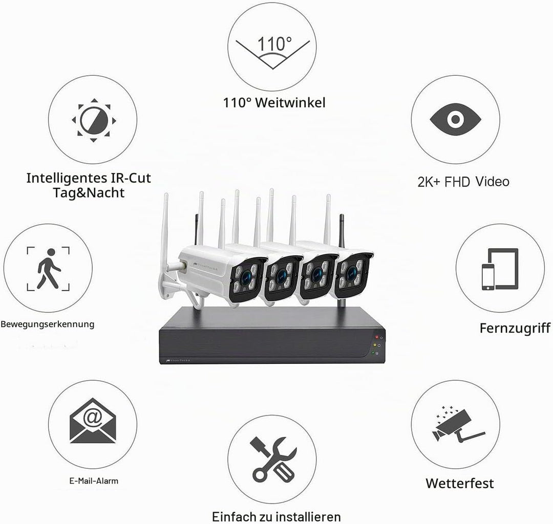 VisorTech Überwachung Set: Funk-Überwachungssystem mit HDD-Rekorder &amp; 4 IP-Kameras, 2K+ und App (Cam