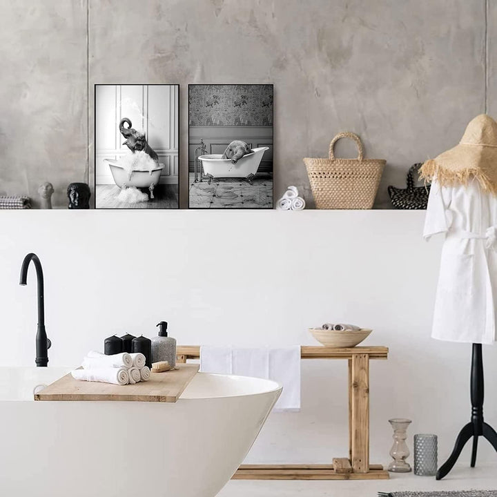 WADBTP Badezimmer Bilder,Schwarz Weiss Bilde,Lustige Tier in der Badewanne Leinwand Bilder für Wohnz