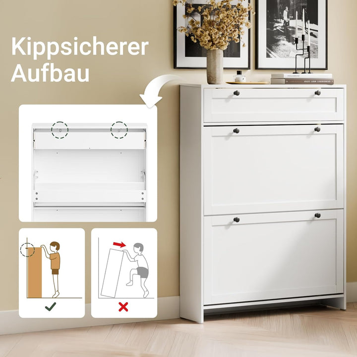 SoBuy Schuhkipper Schmal, Schuhschrank Weiss, Bis zu 8 Paar Schuhe, Mit Schubladen und Klapptüren, F