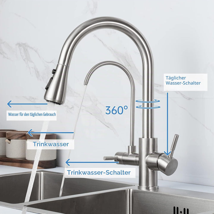 3 Wege Wasserhahn Edelstahl, 360° Drehbar Trinkwasserhahn mit Ausziehbarer Handbrause, 3 in 1 Küchen