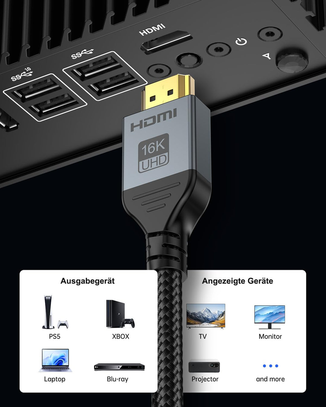 DGHUMEN 16K HDMI 2.2 Kabel, 96Gbit/s Hohe Geschwindigkeit HDMI Kabel, 16K 60Hz 8K 240Hz 4K 480Hz 12K
