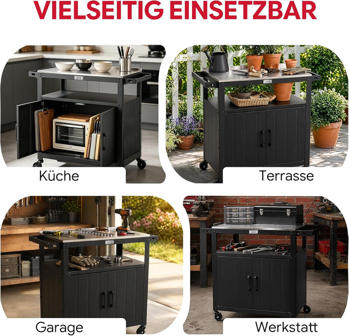 Feasto Servierwagen mit Rollen, Grillwagen mit Schrank, Edelstahlplatte, Outdoor Küche für Terrasse
