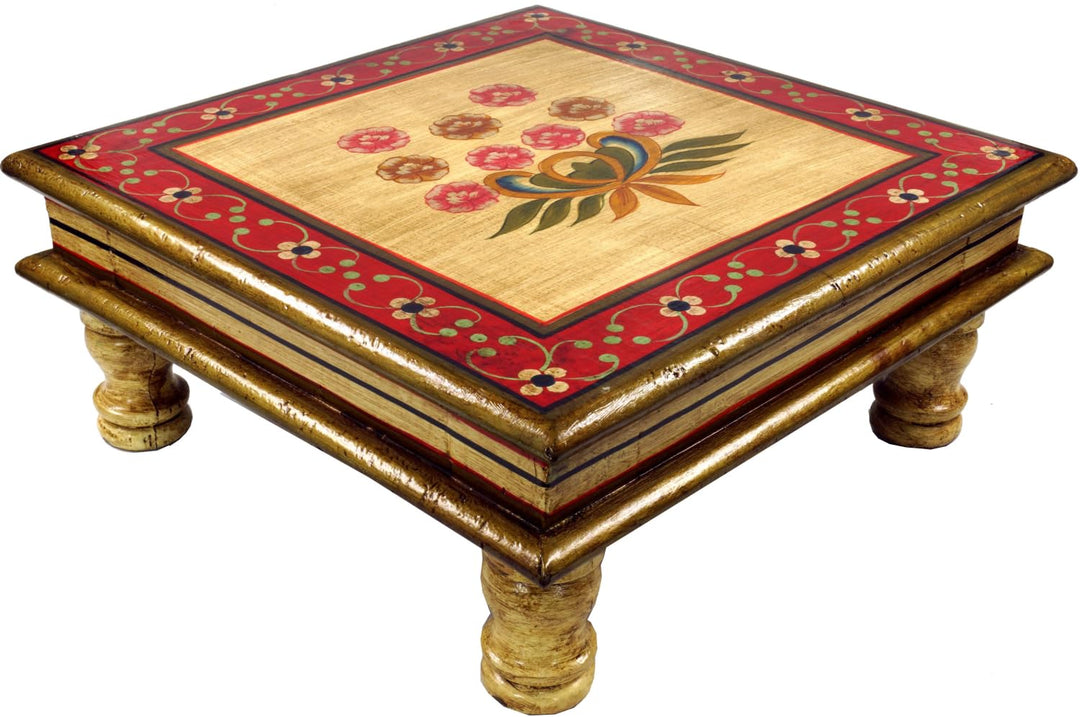 GURU SHOP Bemalter Kleiner Tisch, Minitisch, Blumenbank - Blümchen Gelb/rot, 16x38x38 cm, Kaffeetisc
