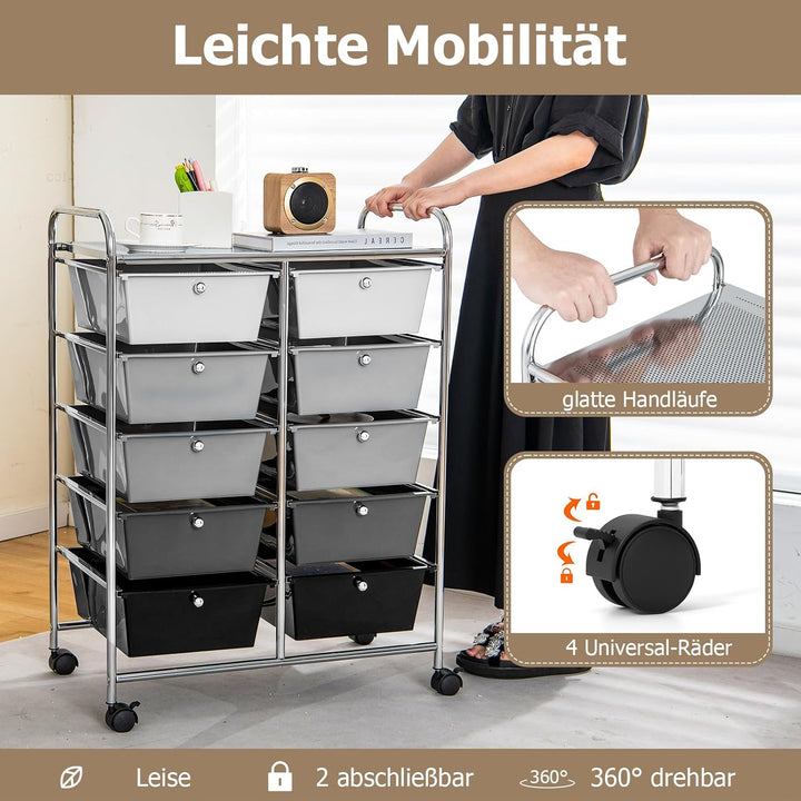 GOPLUS Rollwagen mit 10 Schubladen stapelbar, Rollcontainer mit Ablage & Metallgestell, Badregal, Au