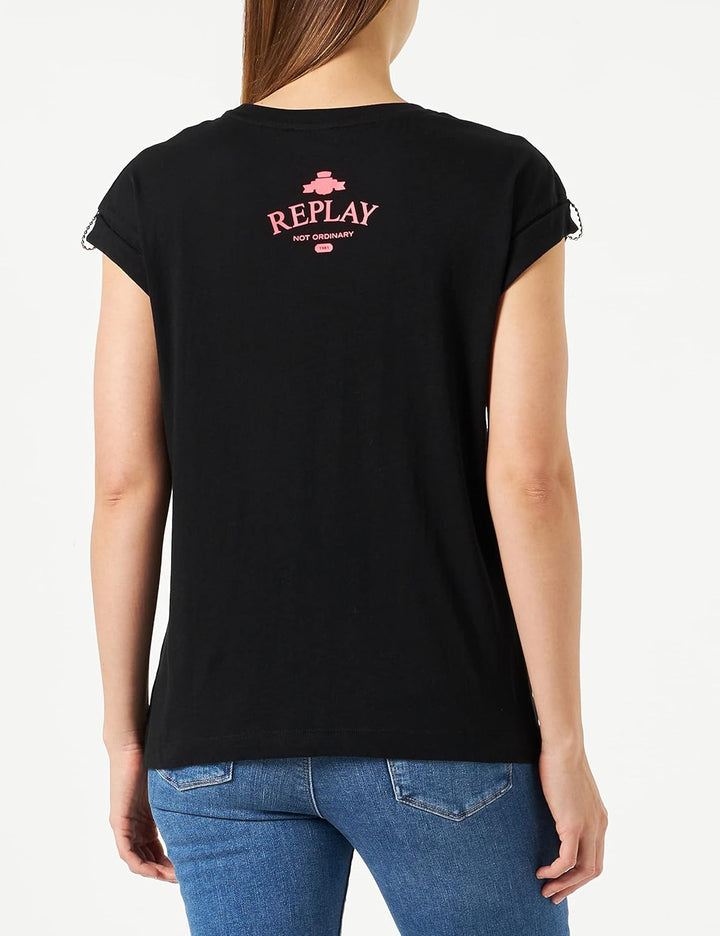 Replay Damen T-Shirt Kurzarm mit Backprint L Black 098, L Black 098