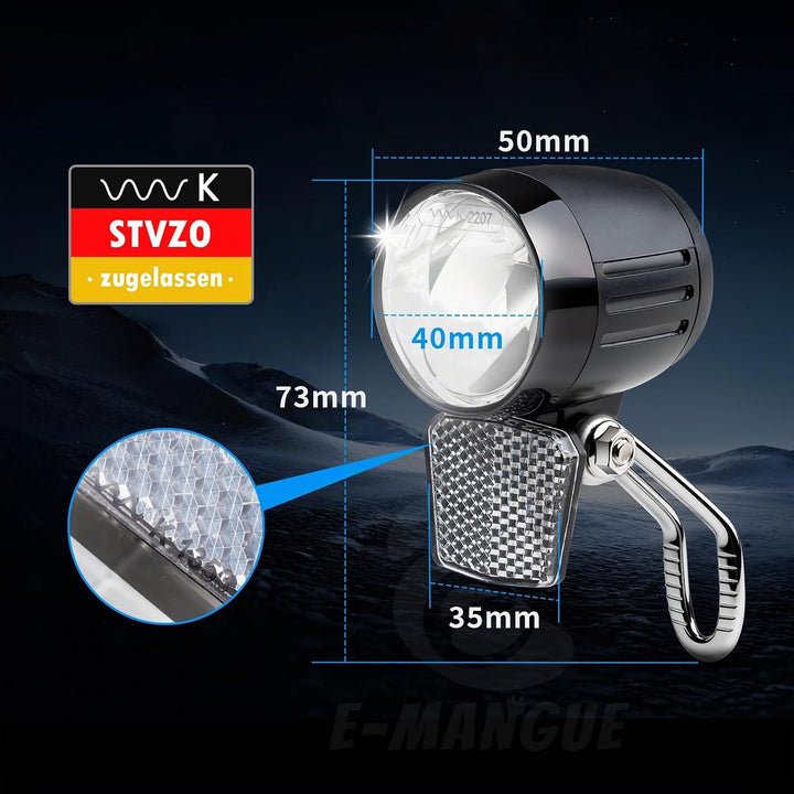 E-Bike LED Fahrradlicht Dynamo Vorne mit Lichtautomatik Standlicht, 60 LUX StVZO Zugelassen Dynamo F