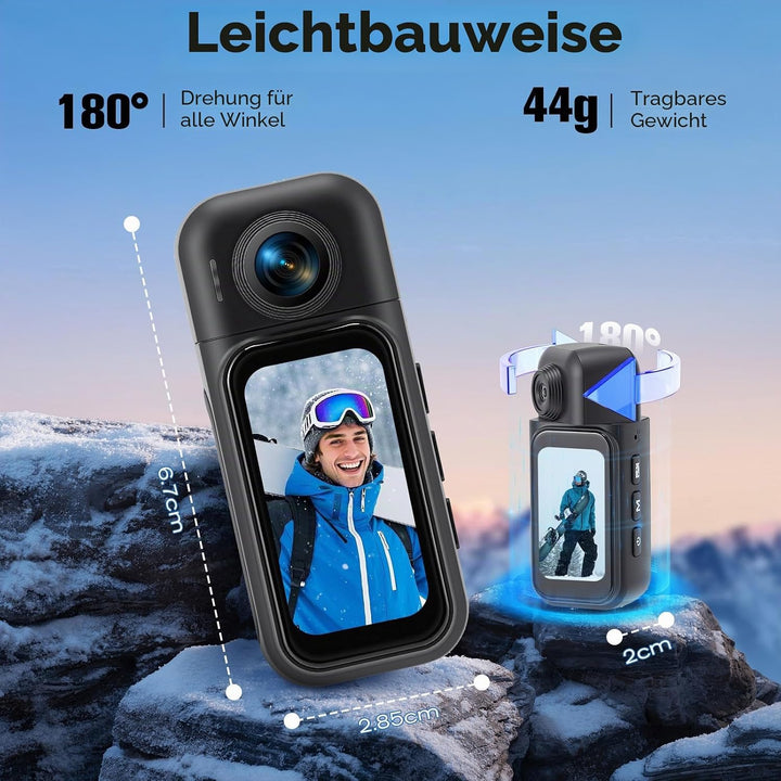 Mini Action Cam WIFI 1080P, 360° 64GB Sport Actionkamera HD mit 180° Rotierendem Objektiv,Touchscree