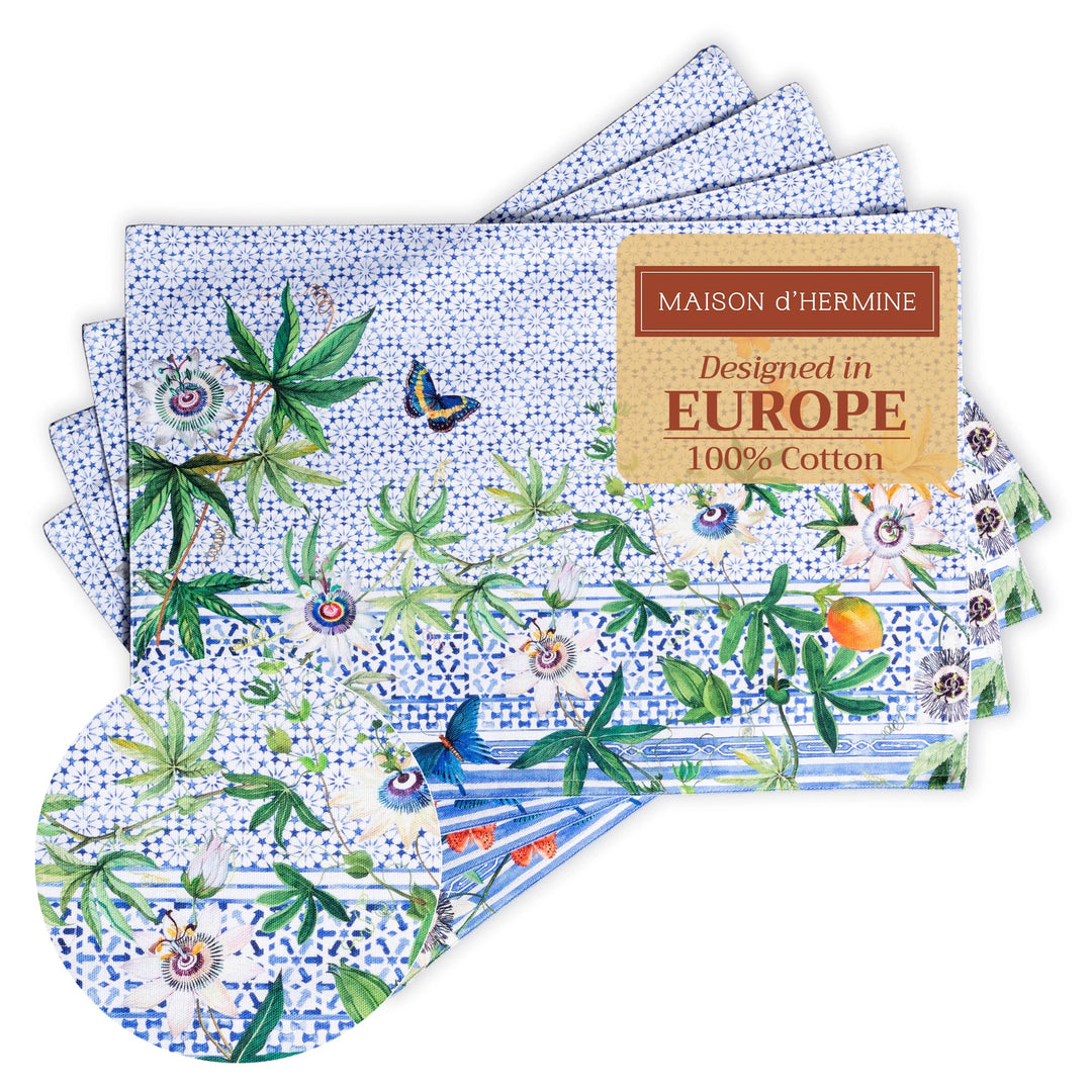 Maison d' Hermine Passiflora 100% Baumwolle Set mit 4 Tischsets für den Esstisch | Küche | Hochzeit