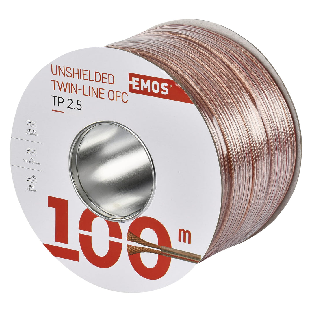 EMOS Lautsprecherkabel OFC 2 x 2,5 mm2, 100 Meter HiFi Audio Boxenkabel aus reinem Kupfer für Lautsp