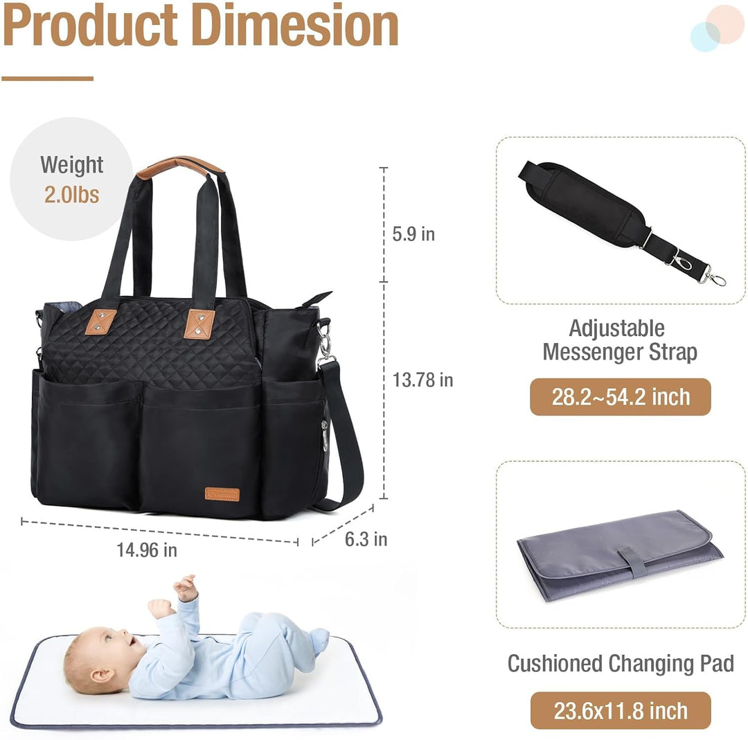 Lekebaby Baby Wickeltasche Bote gross mit Wickelunterlage für Reise Schwarz Gesteppt Schwarz Gestepp