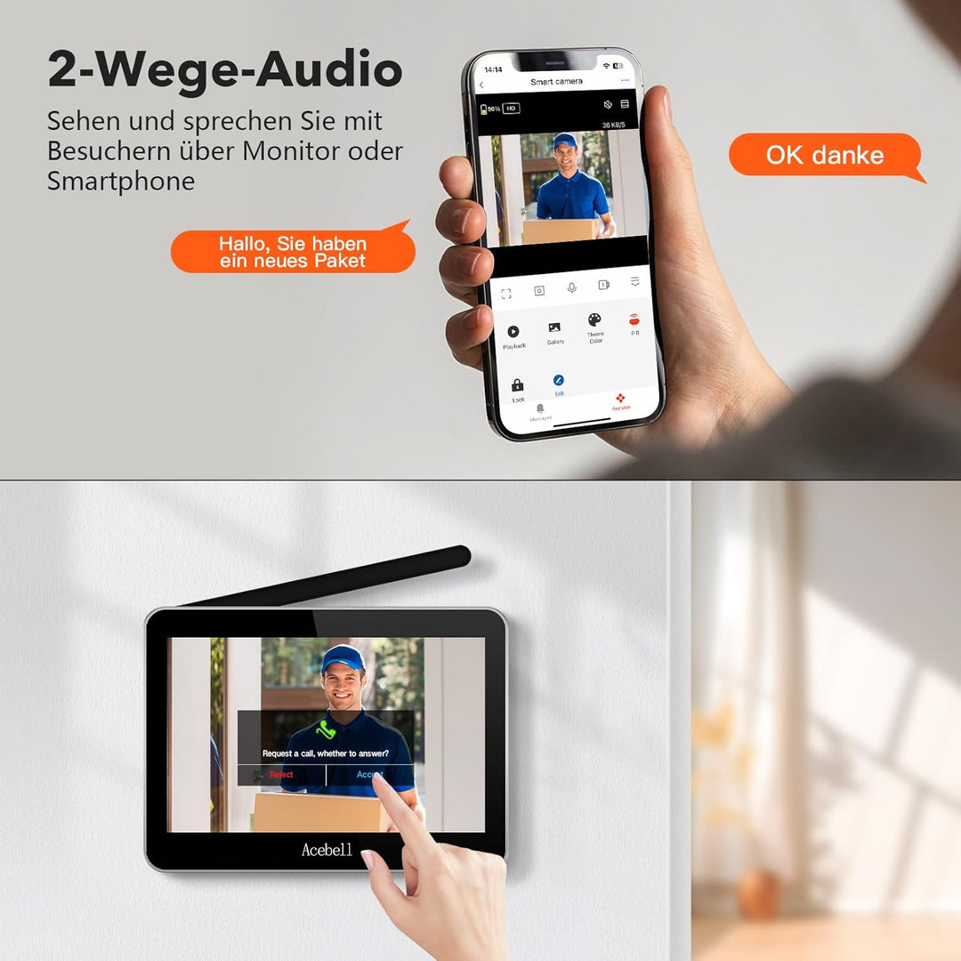 WLAN Video Türsprechanlage mit 7''Touchscreen, 1080P Kabellose Türklingel mit Kamera und Monitor,Bew