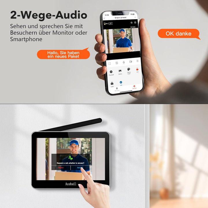 WLAN Video Türsprechanlage mit 7''Touchscreen, 1080P Kabellose Türklingel mit Kamera und Monitor,Bew