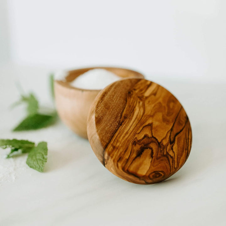 Tramanto Olive Wood Salt Box and Pot, Holds Salt for Easy Pinch, Classic Wood Design by Thirteen Che