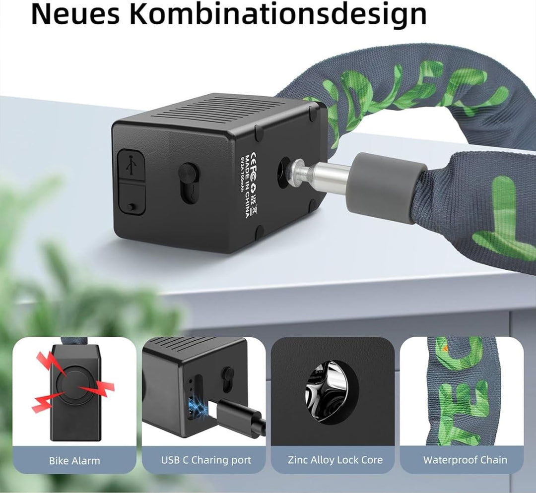 E Scooter Schloss, Fahrradschloss mit Alarm 110dB, Anti-Diebstahl E-bike Kettenschloss, USB-C auflad