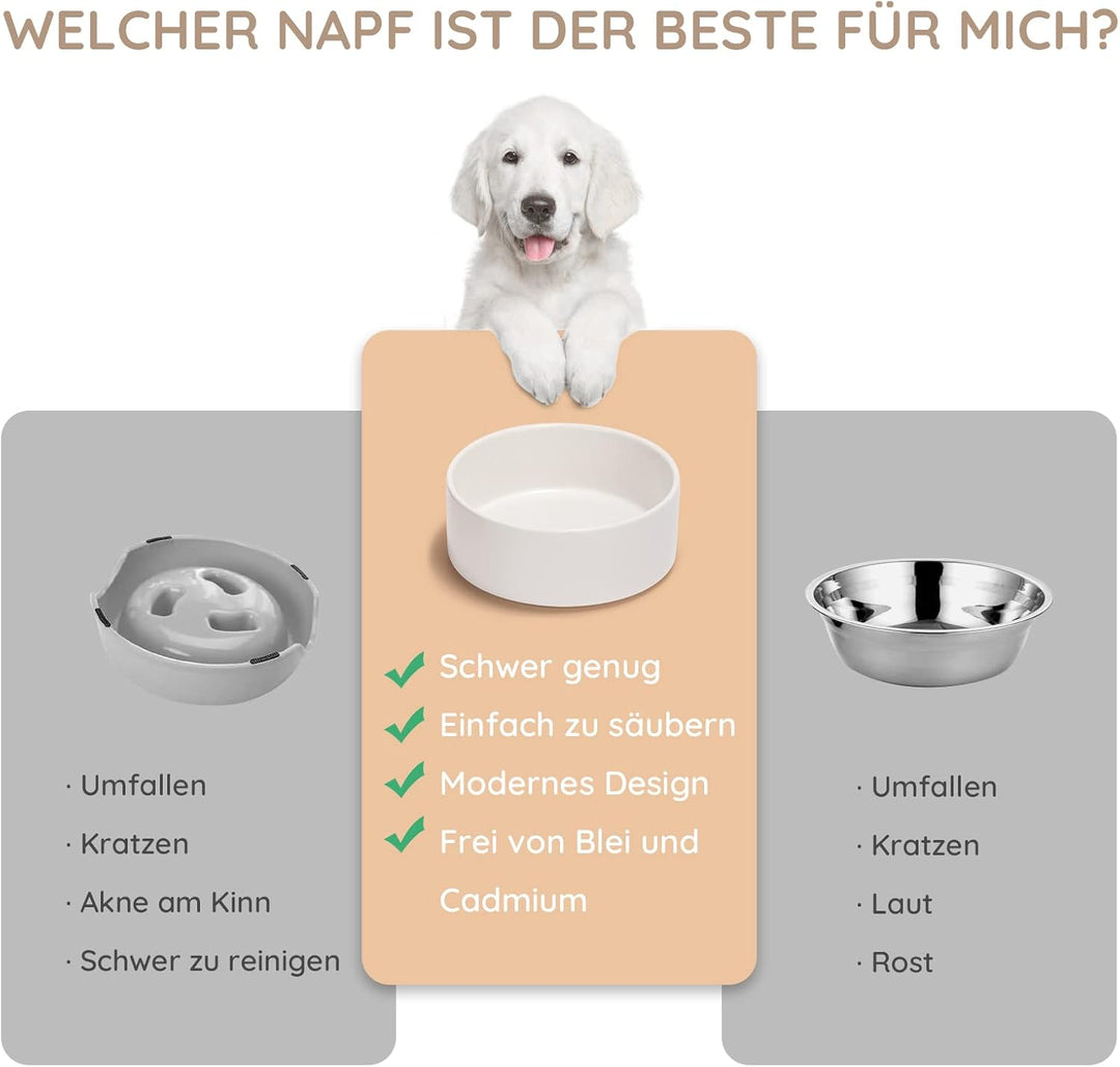 SPUNKYJUNKY Keramik Futternapf mit Bambus Ständer für Katzen und kleine Hunde (400ml, Weiss-Einzel)