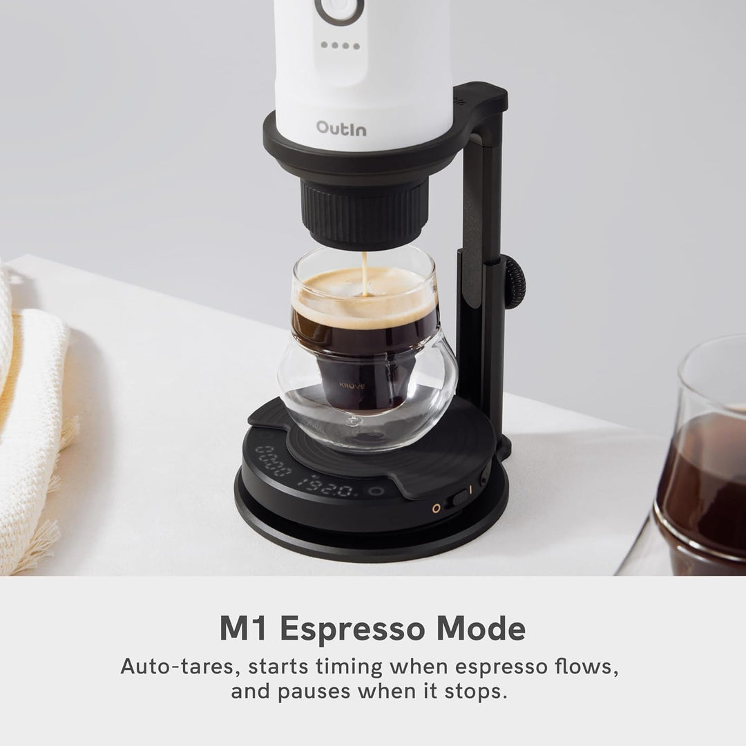 OutIn Claro Tragbare Kaffeewaage mit Timer - Digitale Espresso Waage 2kg/0,1g, Mini Kaffeewaage Inkl