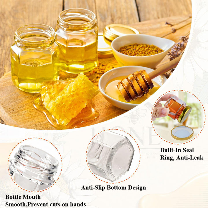 MAOOY 30 Stück Hexagon Mini Glas Honiggläser 45ml Honigglas Mit Honiglöffel Honig Kleine Gläser Gold