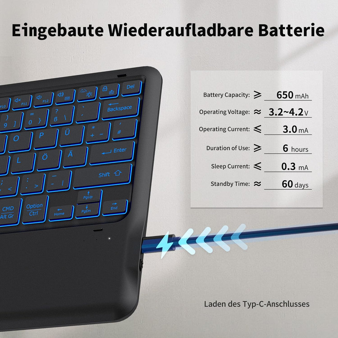 EasyAcc Beleuchtete Bluetooth Tastatur mit Touchpad, Ultraleichtes QWERTZ Tastatur, Kabellose Tastat